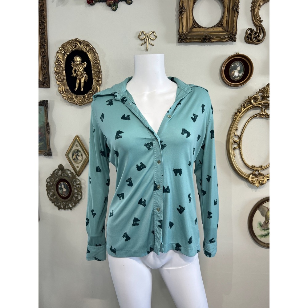 Bar Harbor Vintage 1970s Turquoise Horse Print Shirt Size See Measurements